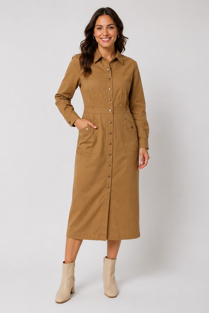 LOFT Cotton Twill Snap Front Utility Shirt Dress Midi Maxi Tan Women Size 14 New
